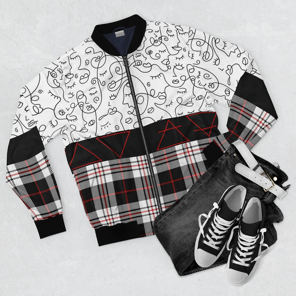 Thumbnail: 4 Elements - Unisex Black Red Tartan Mix Print Bomber Jacket 