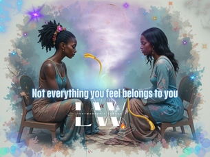 An abstract, mystical, symbolic portrayal of a neurodivergent African American woman in a cord-cutting therapy session between herself and a compassionate African American friend with an African American therapist in a safe, calming space; Lightworkers Garden