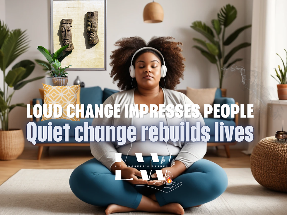 a beautiful plus-size African American woman wearing wireless headphones while meditating in a modern yet warmly decorated room; Lightworkers Garden