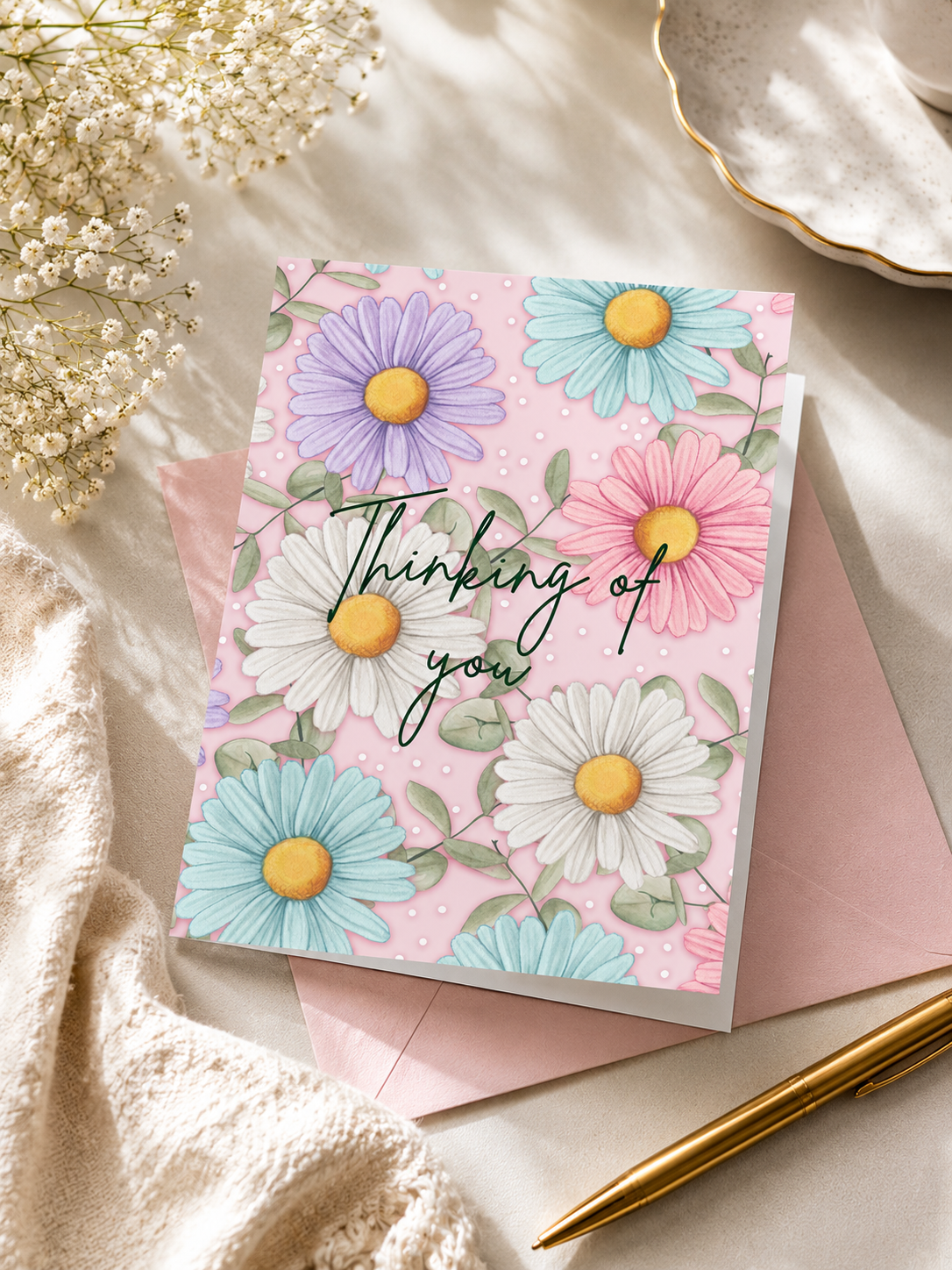 Warm daisy flowers "Thinking of you", blank greeting card with envelope