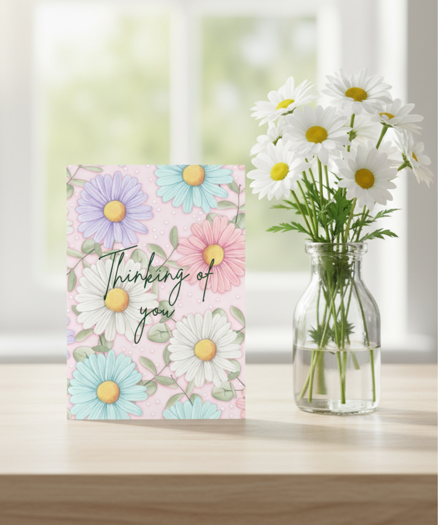 Warm daisy flowers "Thinking of you", blank greeting card with envelope