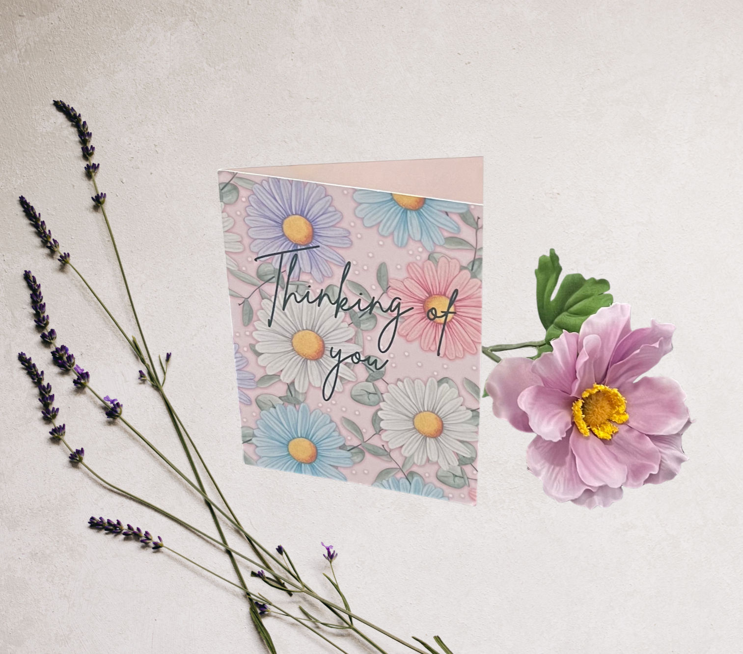 Warm daisy flowers "Thinking of you", blank greeting card with envelope