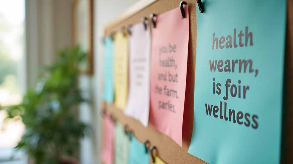 Close-up view of a wellness bulletin board with colorful health tips and motivational quotes