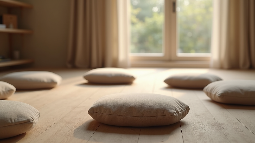 Close-up view of meditation cushions arranged in a circle in a studio