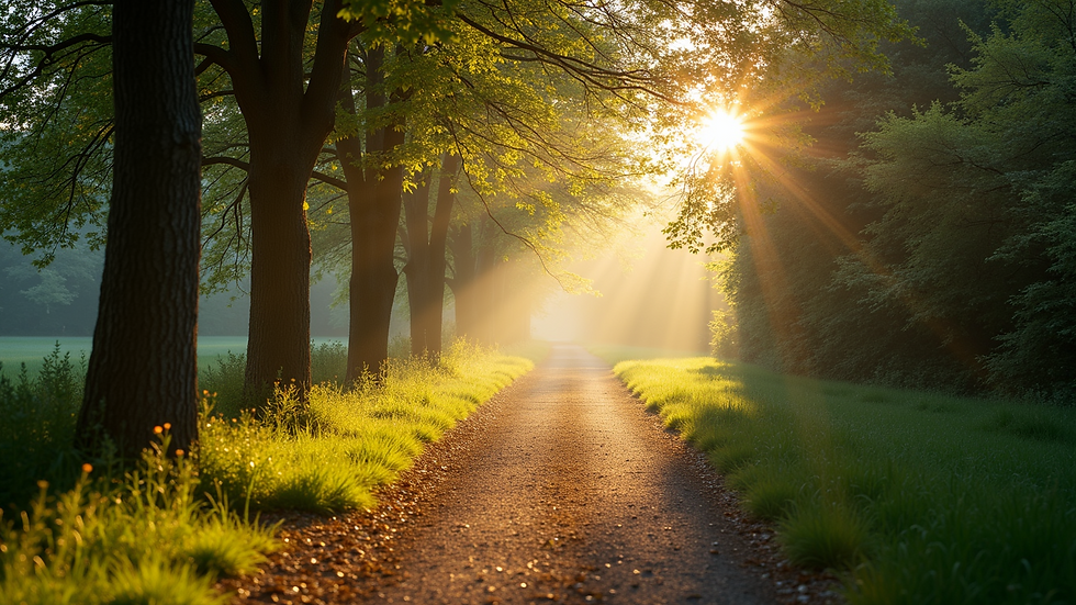 Wide angle view of a peaceful park trail with morning sunlight filtering through trees