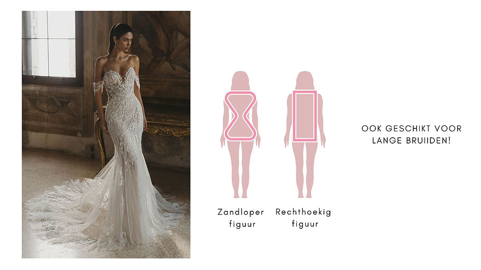 Zeemeerminjurk die de rondingen benadrukt – Strakke en vrouwelijke zeemeerminjurk die het figuur volgt en vanaf de knie uitloopt, perfect voor bruiden met een zandloperfiguur.