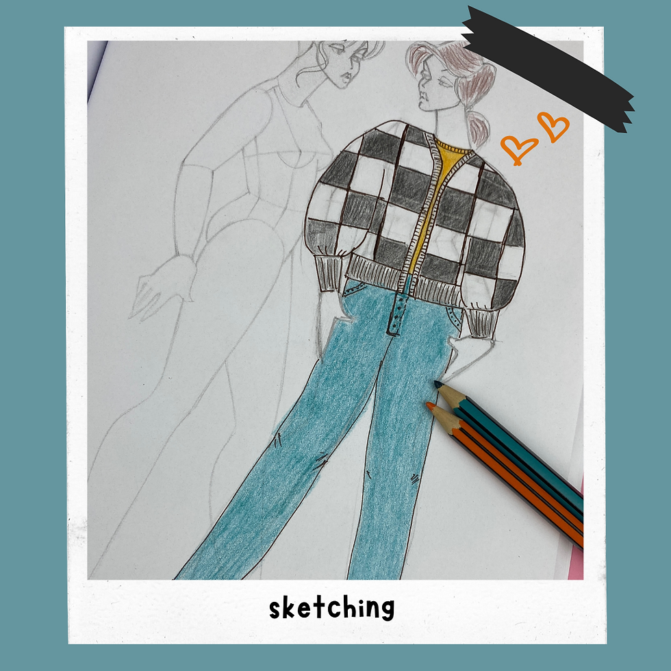 a hand drawn image of a knitted squares cardigan designs, like the Harry Styles Cardigan