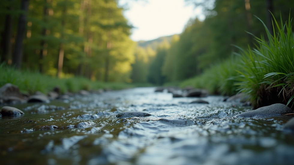 Eye-level view of a serene nature scene with a flowing river
