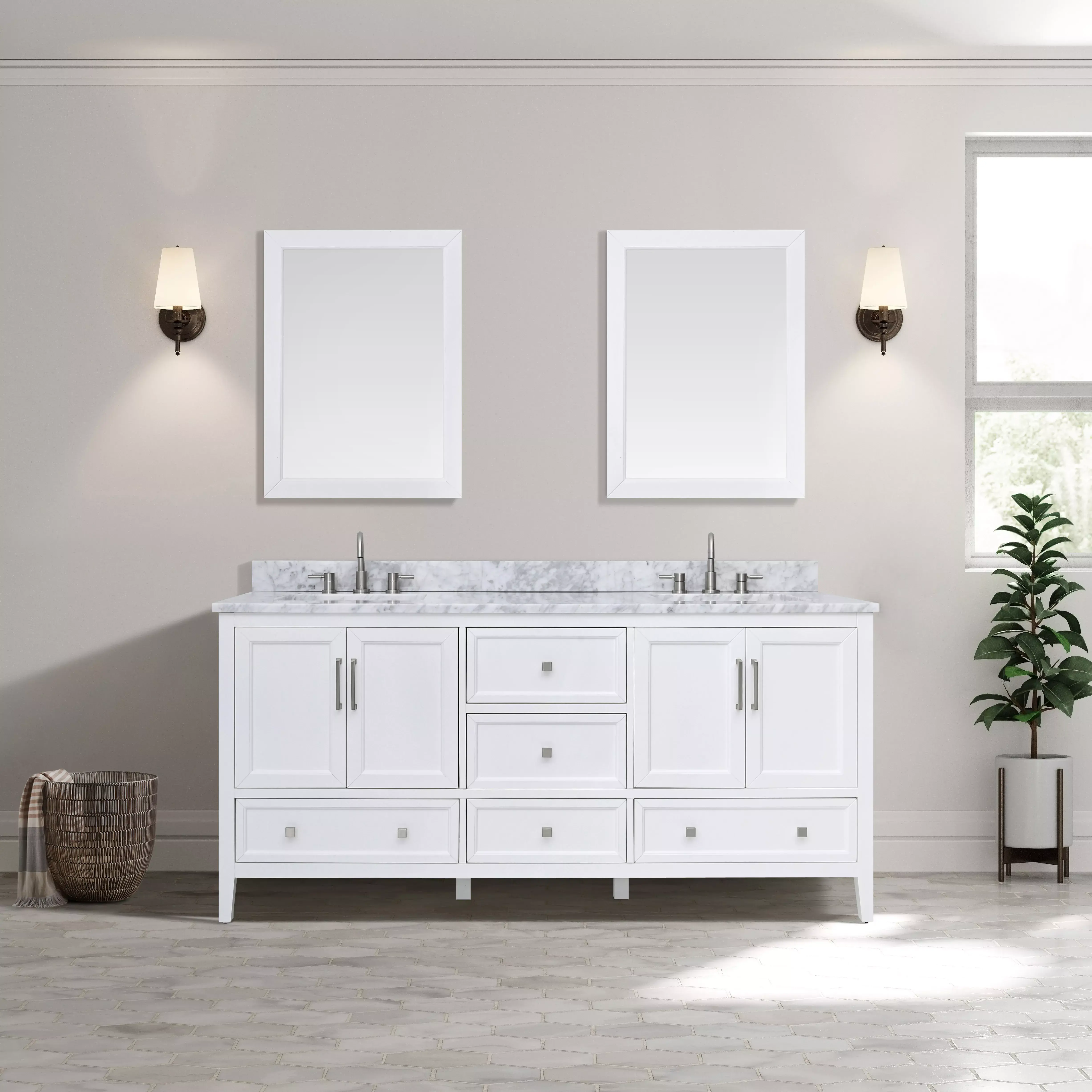 Everly 73" White Double Vanity with Carrara Marble Top