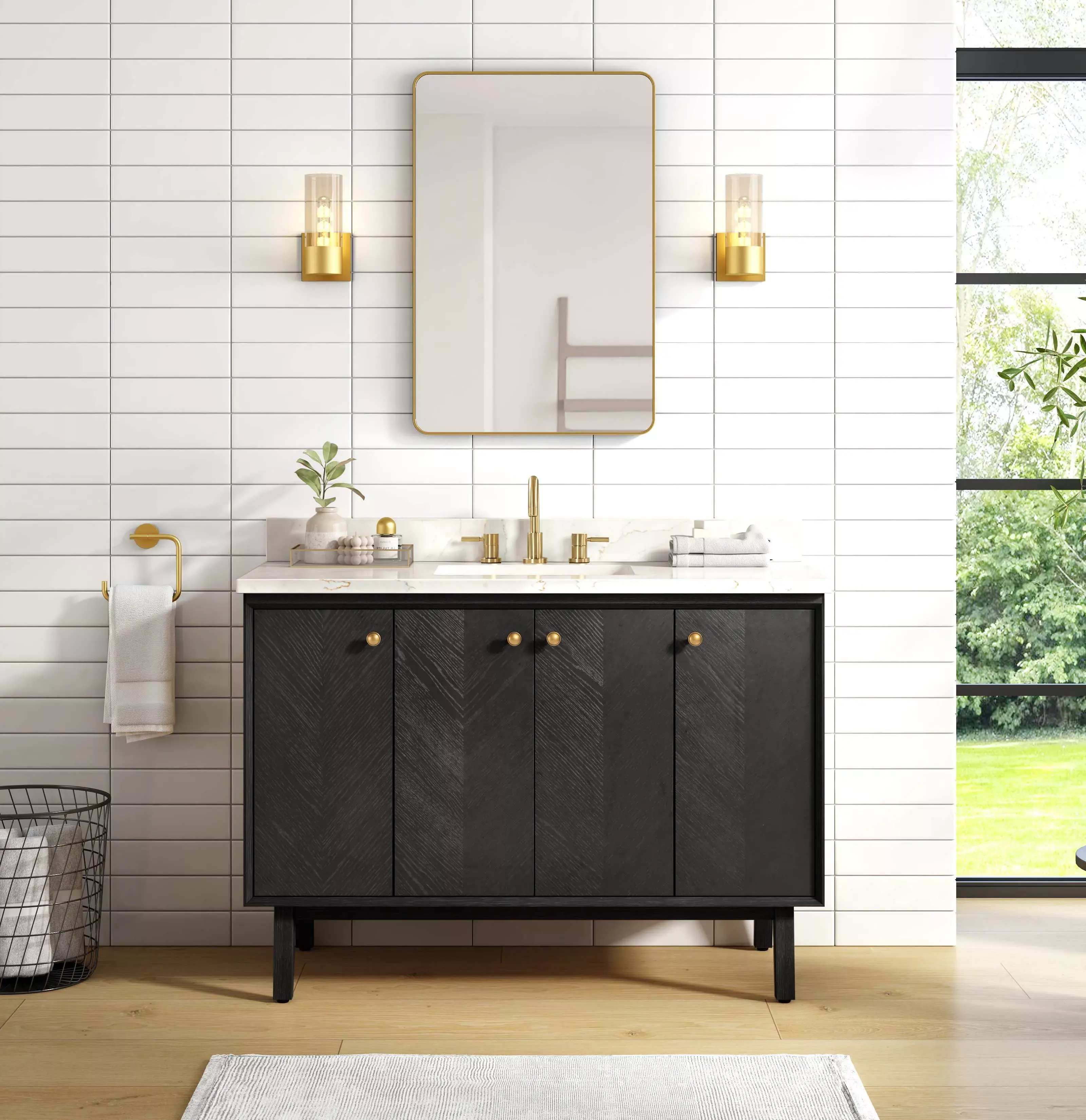 Adrian 49" Black Oak Vanity with Calacatta Quartz Top