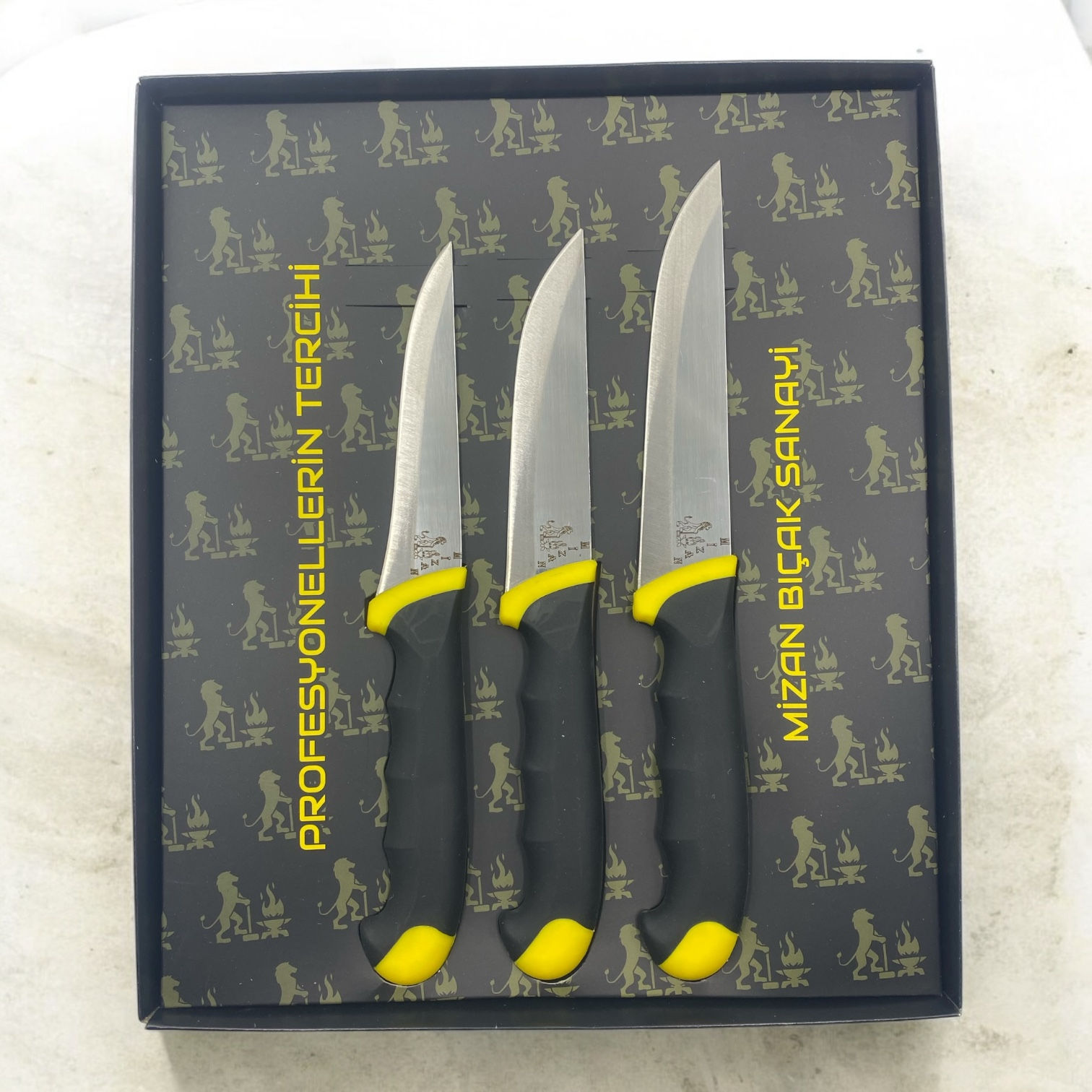 Profesyonel El Yapımı 3'lü Kasap , Kurban Bıçağı Seti Sarı - Kişiye Özel İsim