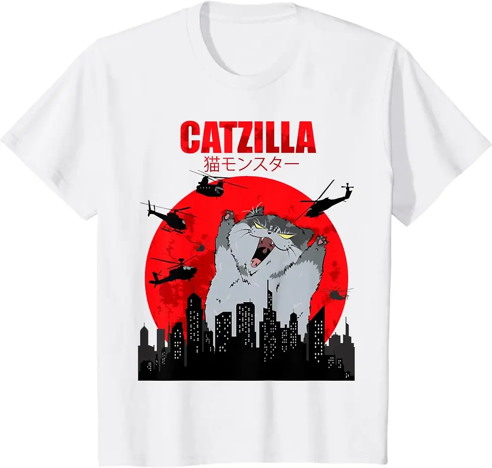 Miniatura: Camiseta feminina com estampa divertida e fofa de gato japonês, estilo Catzilla