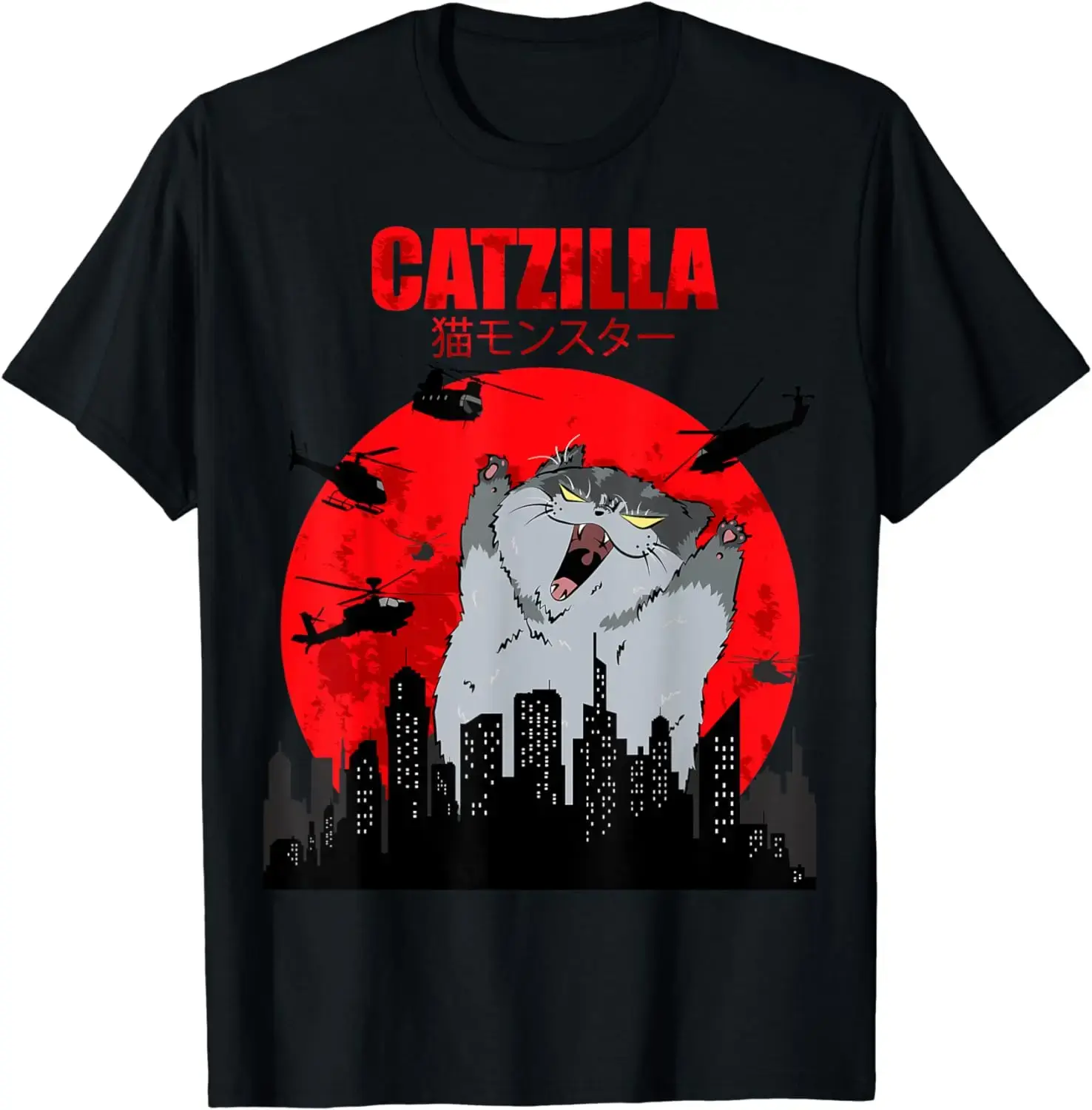 Camiseta feminina com estampa divertida e fofa de gato japonês, estilo Catzilla