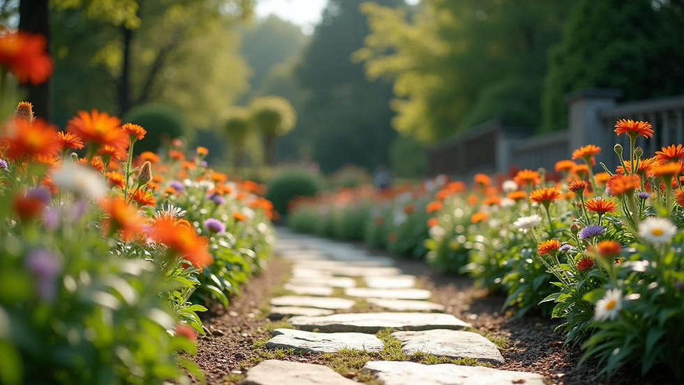 Eye-level view of a beautifully landscaped garden with colorful flowers and a stone pathway
