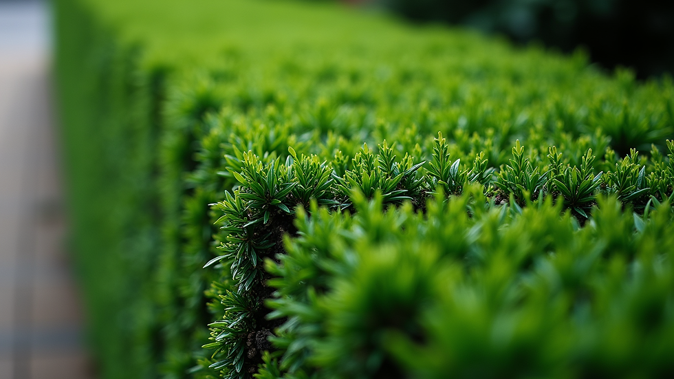 Close-up view of trimmed green hedge with sharp edges