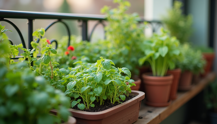 Eye-level view of a compact balcony garden with potted herbs and vegetables