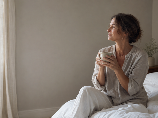 Woman sitting on the edge of a bed with tea in early morning light.