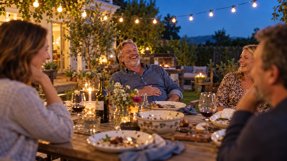 Man in his fifties leaning back after an outdoor dinner with friends, hand resting on his stomach.