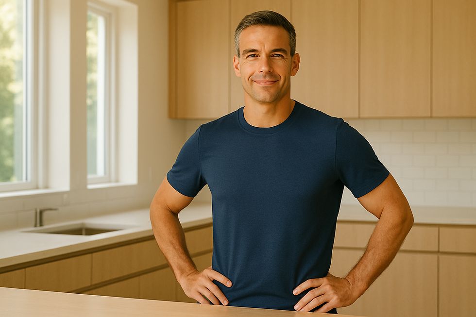 A confident, fit man in his 30s or 40s preparing his morning routine in a bright, modern kitchen.