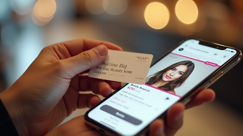 Close-up of a loyalty card and a smartphone displaying a beauty rewards app