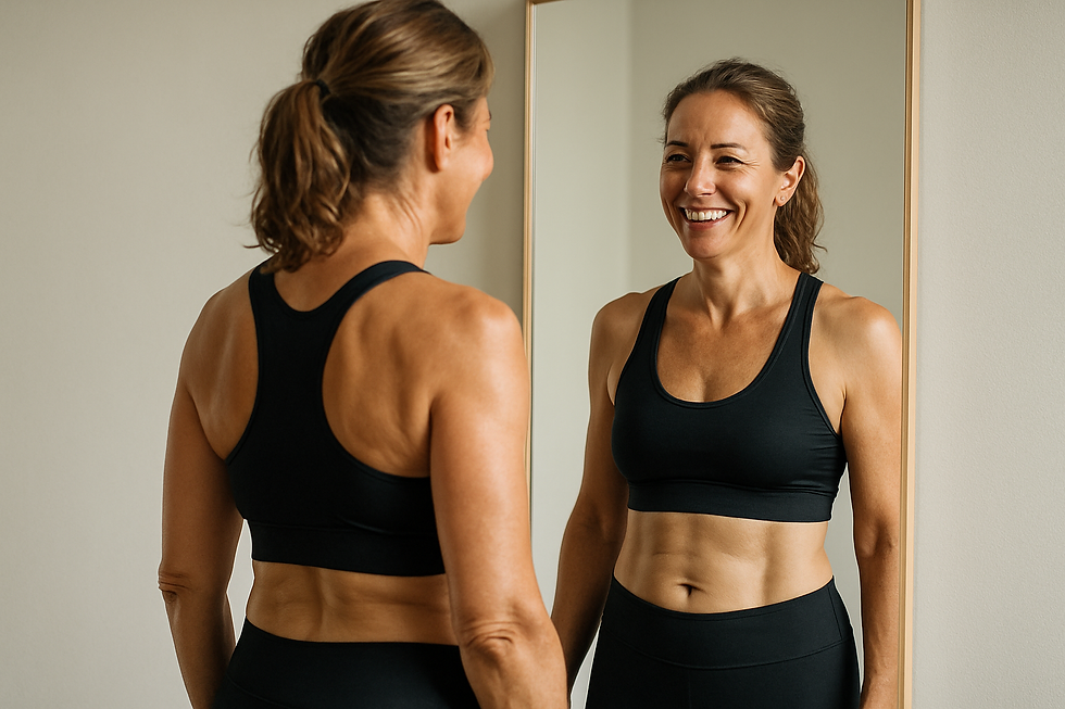 Happy fit woman looking in mirror with satisfaction after successful targeted fat loss transformation using AOD-9604 peptide