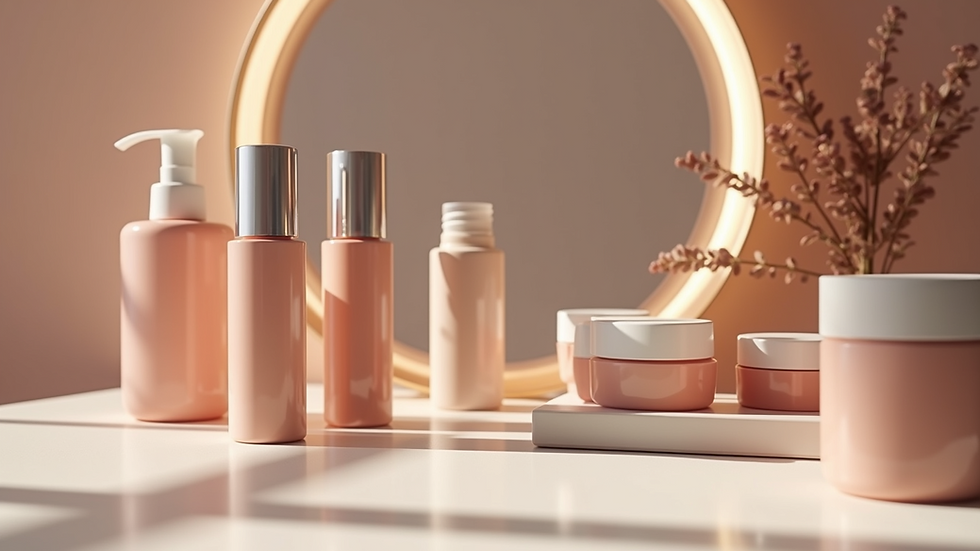 Eye-level view of a sleek makeup counter with vegan beauty products