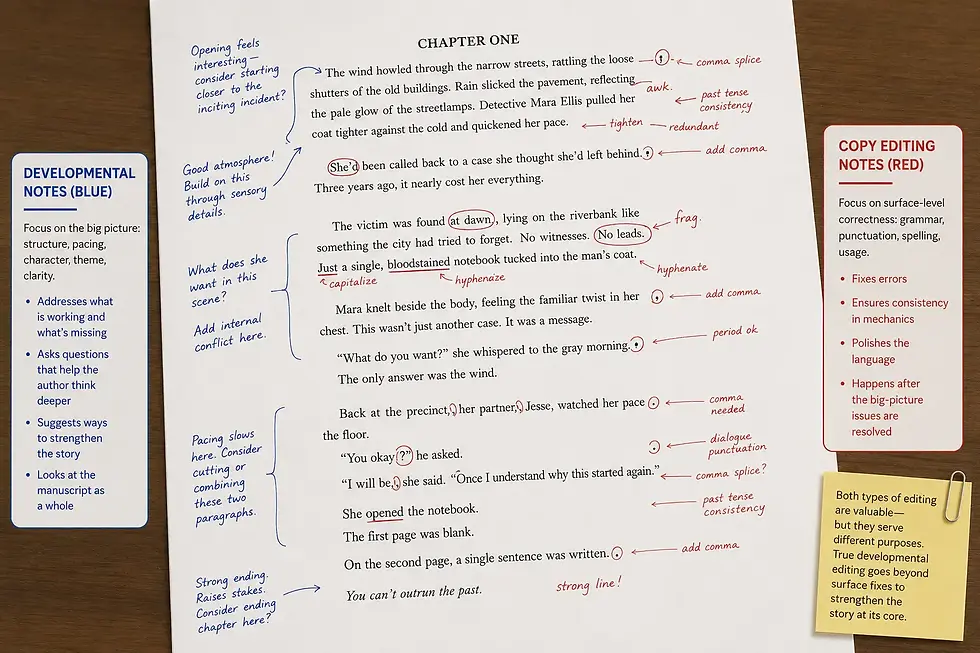 valuating sample developmental edit feedback structural comments versus surface corrections