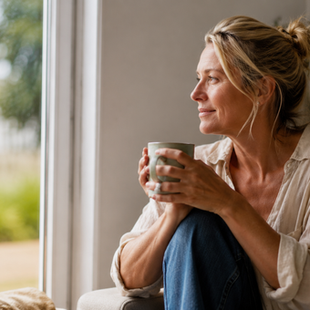 Woman resting by a window in morning light, illustrating hormonal health and women's energy.