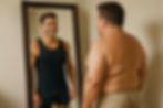 Overweight man looking at fit version of himself in the mirror