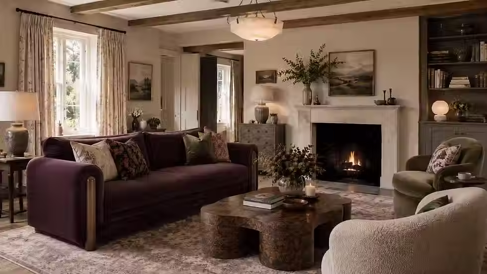 Photorealistic modern English country living room with a deep plum sofa, sculptural burl wood coffee table, olive velvet armchair, patterned cushions, faded rug, exposed wooden beams, alabaster pendant light, fireplace, built-in shelving and layered warm lighting.