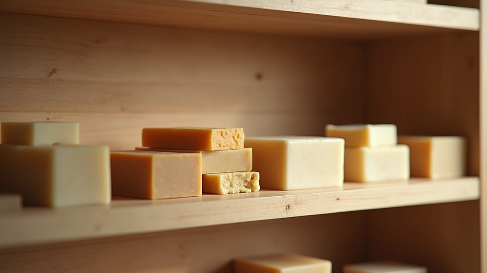Eye-level view of a natural soap display on a wooden shelf