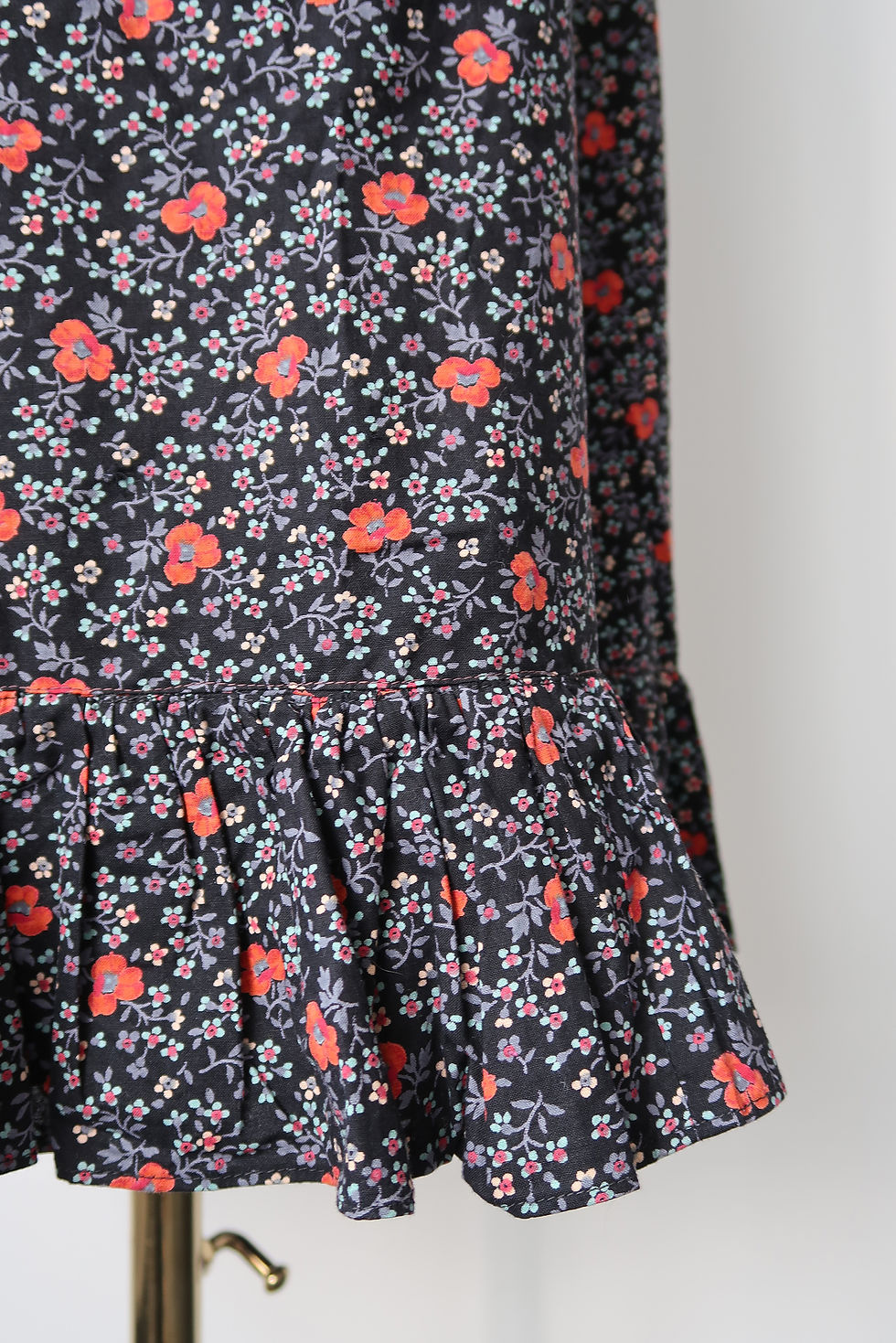 Thumbnail: Vintage 70's milk maid floral skirt in black with frill edge trim. UK 8.