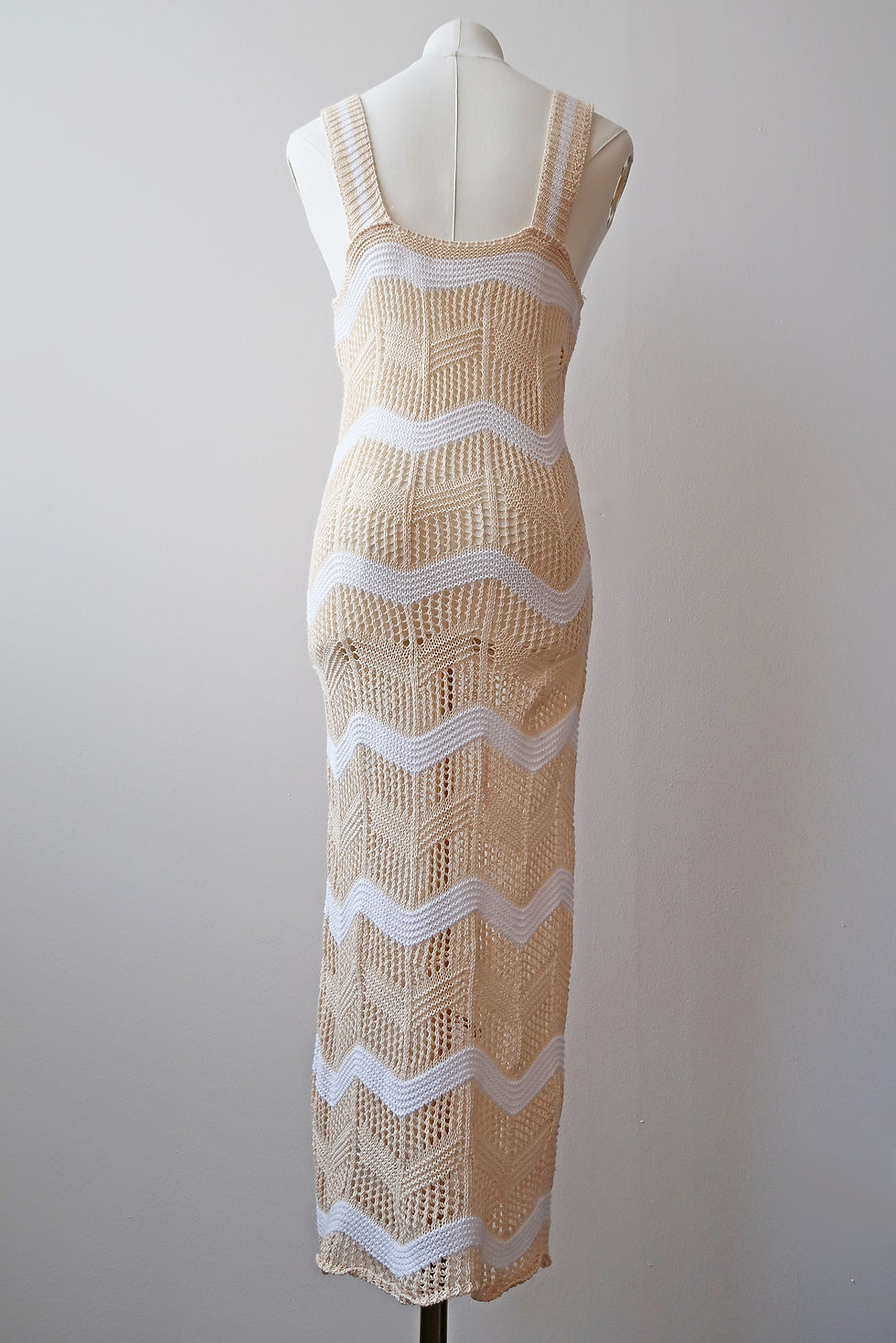 Thumbnail: Vintage 70's open knit dress in beige and white wavy stripe. UK 10.