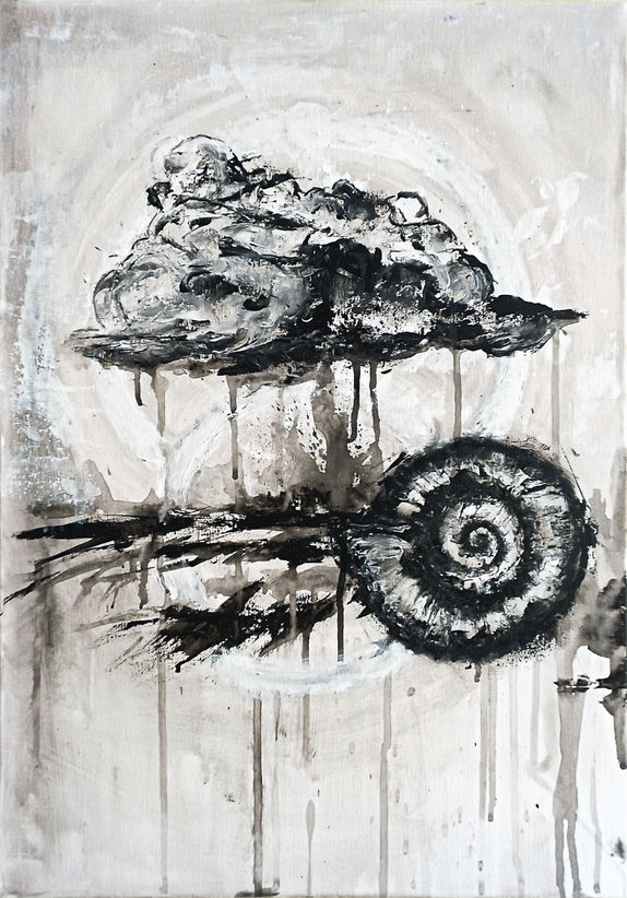 acrylic, canvas, black and white, conch shell, cloud
