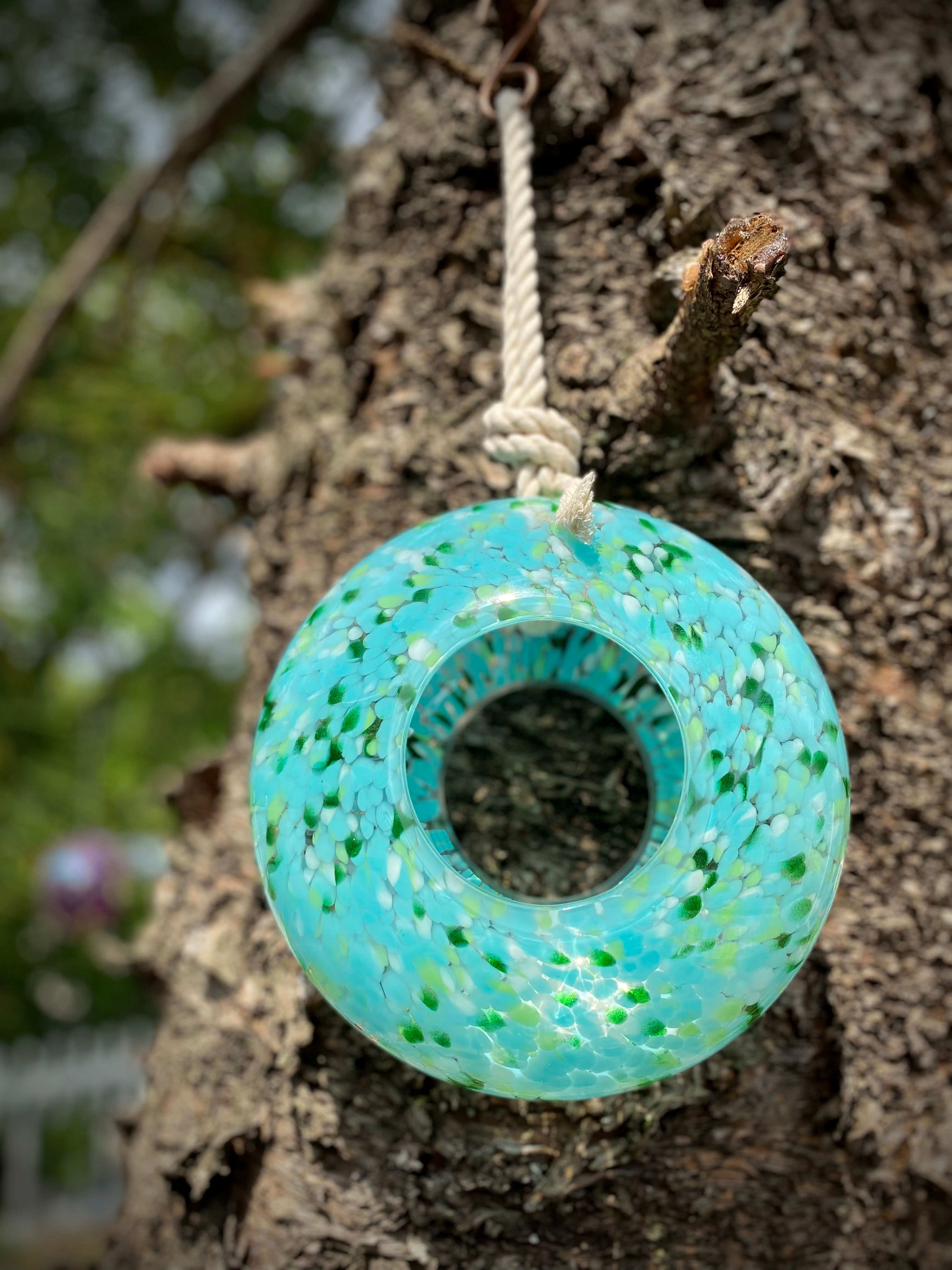 Teal Handblown Glass Fly-Through Bird Feeder