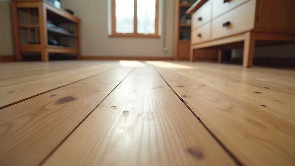 Eye-level view of hardwood floor installation in progress