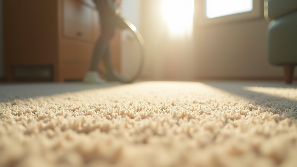Close-up view of a clean, freshly vacuumed carpet with sunlight streaming in