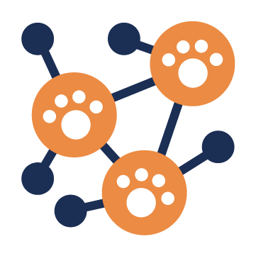 Orange circles with paw print patterns are connected by dark blue lines and nodes, symbolizing a network