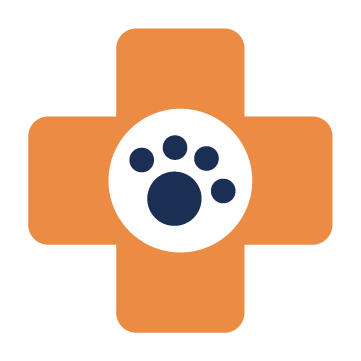 Orange cross with rounded edges featuring a navy-blue paw print in the center.