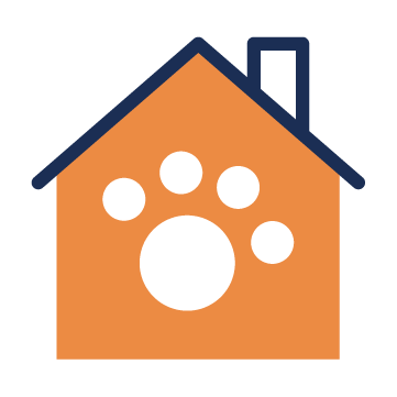 Icon of an orange house with a navy roof and chimney, featuring a stylized black paw print at its center.