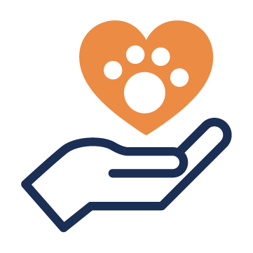 Illustration of an outstretched hand holding an orange heart with a paw print inside