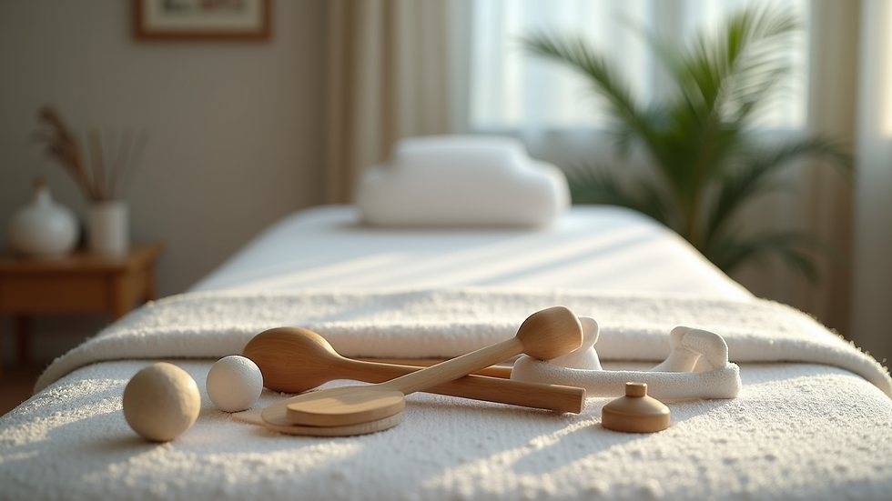 Eye-level view of a massage table with sports massage tools arranged neatly