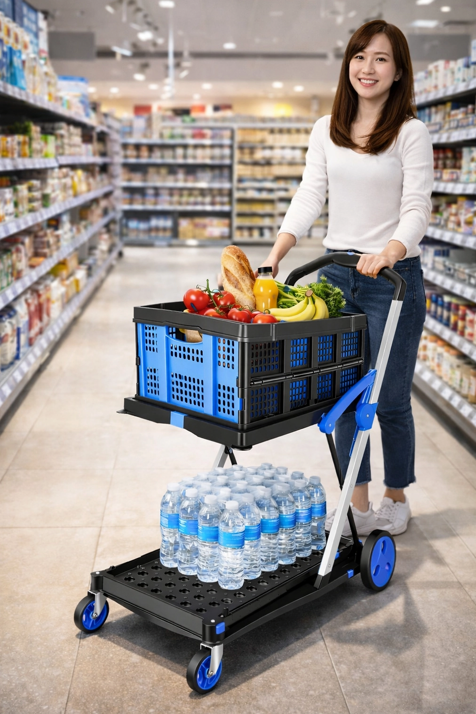 Thumbnail: Foldable Grocery Shopping Cart with 1 Storage Crate