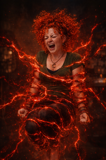 A red-haired woman cries out as glowing red magical bindings wrap tightly around her body, suspending her in the air amid sparks and swirling energy, her expression strained with pain and defiance in a dark, fiery setting.