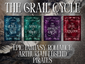 Four fantasy book covers under "The Grail Cycle" title with themes: sea, magic, earth, and kingdom. Tags: epic, romance, Arthurian, pirates.