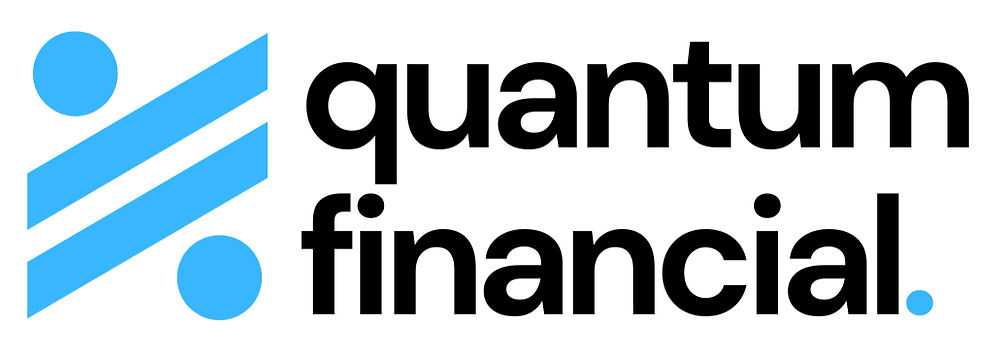 Quantum Financial logo featuring blue diagonal lines with dots and bold black text