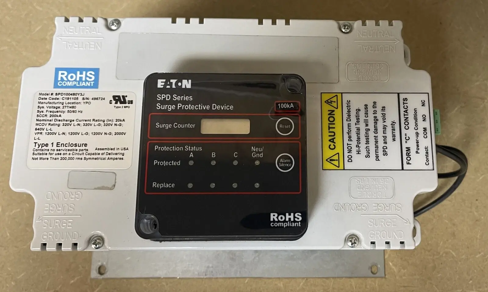 EATON SPD200480Y3J SPD SERIES SURGE PROTECTION DEVICE WITH PANEL MOUNT BRACKET