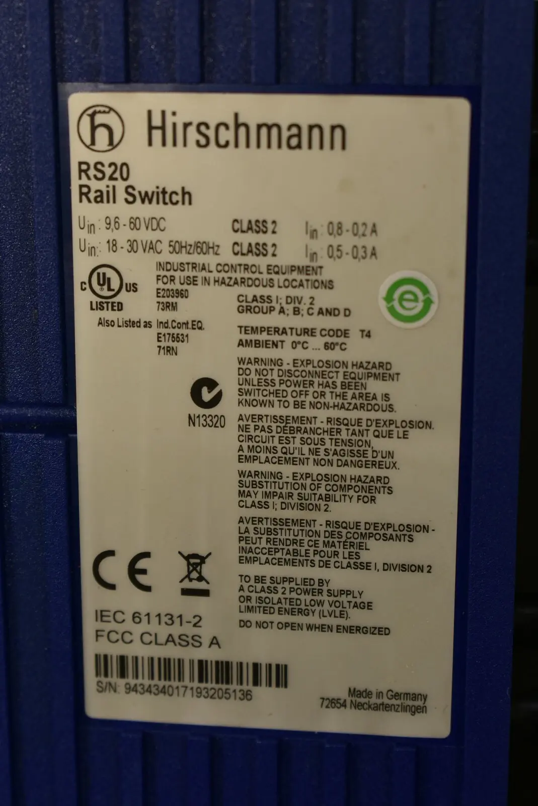 HIRSCHMANN RS20 RAIL SWITCH RS20-0800M4M4SDAEHH05.0.02, USED