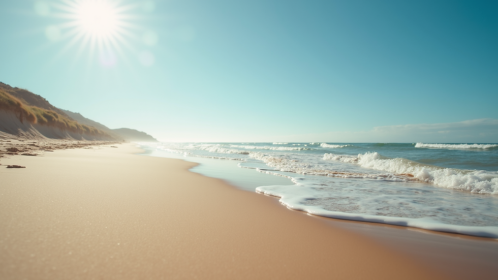 Eye-level view of a sandy beach with gentle waves