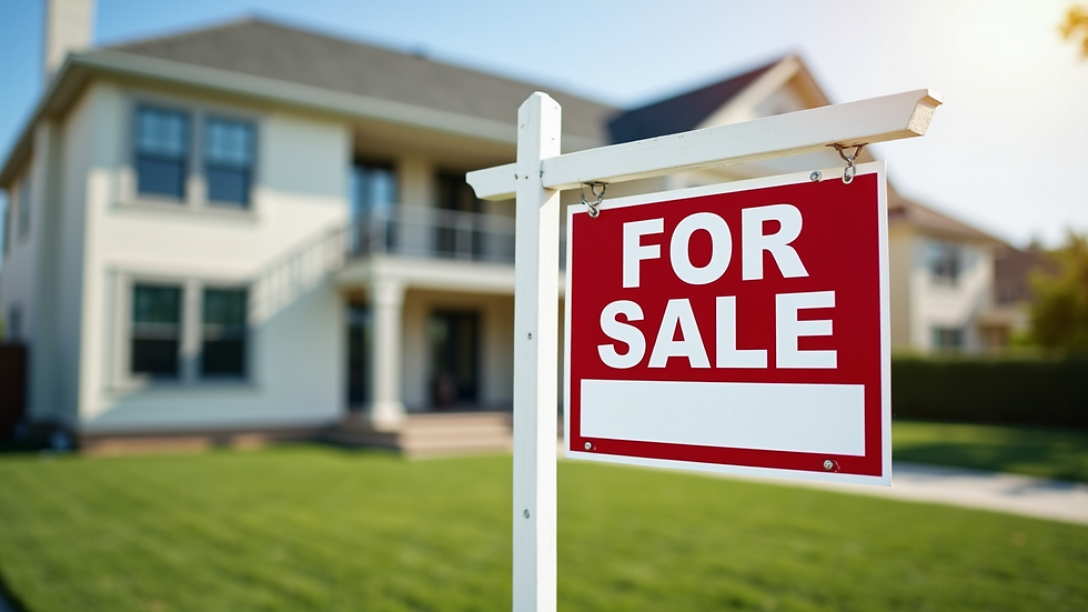 Close-up view of a for-sale sign in front of a beachfront property